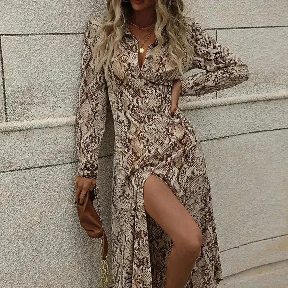 Multicolor Casual Womens Snakeskin Print Button Front Shirt Dress - Picture 5 of 5